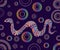 Intricate colorful snake, neon gradient color, isolated on dark purple background with patterns.