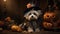 Intricate Costumes: A Small White Dog In A Witch Hat With An Orange Pumpkin