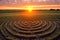 intricate crop circle patterns in a wheat field at sunrise