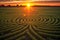 intricate crop circle patterns in a wheat field at sunrise