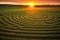 intricate crop circle patterns in a wheat field at sunrise