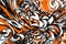 intricate doodle art illustration with abstract patterns in white, orange, and black hues