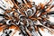 intricate doodle art illustration with abstract patterns in white, orange, and black hues