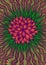 Intricate fantastic abstract flower, bright orange purple pink green gradient color.