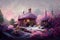 Intricate fantasy cottages covered with pink flowers, beautiful digital art painting