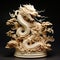 Intricate ivory carving of a Chinese zodiac dragon curled up on a pine tree