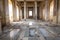 intricate mosaic floor in ancient ruins, surrounded by broken columns and debris