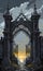 An intricate openwork lattice of a Gothic gate leads to an ancient medieval city, background for a smartphone, fantasy painting