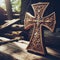 Intricate and ornate carved wooden cross, set in chapel environment