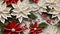 intricate paper quilling art featuring white snowflakes and vibrant white poinsettia flower. SEAMLESS PATTERN. SEAMLESS