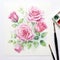 Intricate Pink Rose Watercolor Painting On White Background