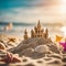 Intricate sand castle constructed from sand and seashells on a beach overlooking the majestic ocean