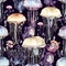Intricate seamles pattern with fairytale magic mushrooms. Whimsical background with mushrooms