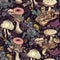 Intricate seamles pattern with magic mushrooms. Whimsical background with toadstool mushrooms for textile fabric