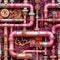 Intricate seamless pattern with industrial copper pipes and valves. Repetitive steampunk background. Generative AI