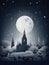 intricate snowflake slowly falling in a moonlit sky with a distant church spire in the backound. Gothic art. AI