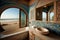 intricate tile work in bathroom, with natural light and views of the beach