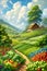 Intricate UHD digital painting of a rural vegetable farm, overflowing with variety of lush greens and vibrant vegetables,