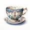 Intricate Watercolor Painting Of Retro Tea Cup In Outsider Art Style