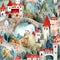 Intricate watercolor seamles pattern with cartoons medieval coutnry. Texture design with castles, towers and nature for textile
