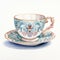 Intricate Watercolor Tea Cup And Saucer With Baroque Ornamental Details