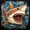 Intricate Woodcut Design: Detailed Painting Of A Big Shark