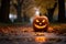 Intricately carved Halloween pumpkins illuminated by flickering candles in the street. AI Generated