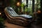 An intricately carved wooden chaise lounge with grey upholstery sits in a botanical-themed room, suggesting a vintage