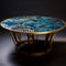 Intricately Designed Blue Glass Mosaic Table With Dark Gold And Aquamarine Accents