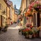 Intricately designed medieval street in Vilnius with colorful flowers, quaint cafes, and bustling market stalls