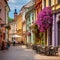 Intricately designed medieval street in Vilnius with colorful flowers, quaint cafes, and bustling market stalls