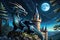 An Intricately Detailed Dragon Curled Around a Medieval Castle Tower - Moonlit Night, Iridescent Scales Gleaming