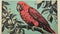 Intricately Detailed Red Parrot Lino Print With Pigeoncore Aesthetic