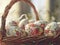 Intricately hand-painted Easter eggs, nestled among spring grass in the basket, are featured in a close-up