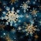 Intricately patterned snowflakes gently falling against a dark, starry night backdrop