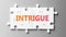 Intrigue complex like a puzzle - pictured as word Intrigue on a puzzle pieces to show that Intrigue can be difficult and needs