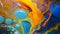 An intriguing close-up of a vividly colored blue and orange liquid blending together in a mesmerizing swirl, Oil slick pattern on