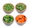 Inturkey berry,long bean,Momordica charantia fruits,carrot in wood bowl isolated white