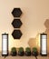 IntWooden Hexagon shelf and wooden hexagon tiles design on japan ryokan design tatami mat and wooden wall with decoration japanese