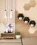 IntWooden Hexagon shelf and wooden hexagon tiles design on japan ryokan design tatami mat and wooden wall with decoration japanese