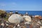 Inukshuks on rocky Nova Scotia, Canada coastline