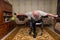 Invalid old man leaned and doing exercises