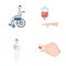 Invalid with trauma, blood transfusion, doctor, medication in the hands of a doctor. Medicineset collection icons in