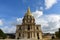 Invalides, Paris, France. Facade closeup, columns and golden dome. Tomb of Napoleon Bonaparte.