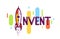 Invent word with rocket launching instead of letter I, science and technology concept, vector conceptual creative logo or poster