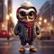 Inventive Cartoon Owl In A Coat On City Street - Vray Tracing Style