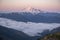An inversion below Mount Baker at sunrise