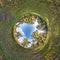 Inversion of tiny planet transformation of spherical panorama 360 degrees. Spherical abstract aerial view in oak grove with clumsy