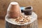 Inverted ceramic pot standing on a tree stump with dried mushrooms