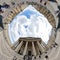 Inverted little planet 360 degree sphere. Panoramic view of tourists outside of the Phanteon